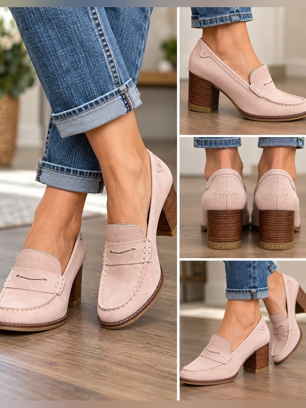Sperry Top-Sider Women’s 8.5 Blush Pink Heeled Penny Loafers 3” Block Heel NIB